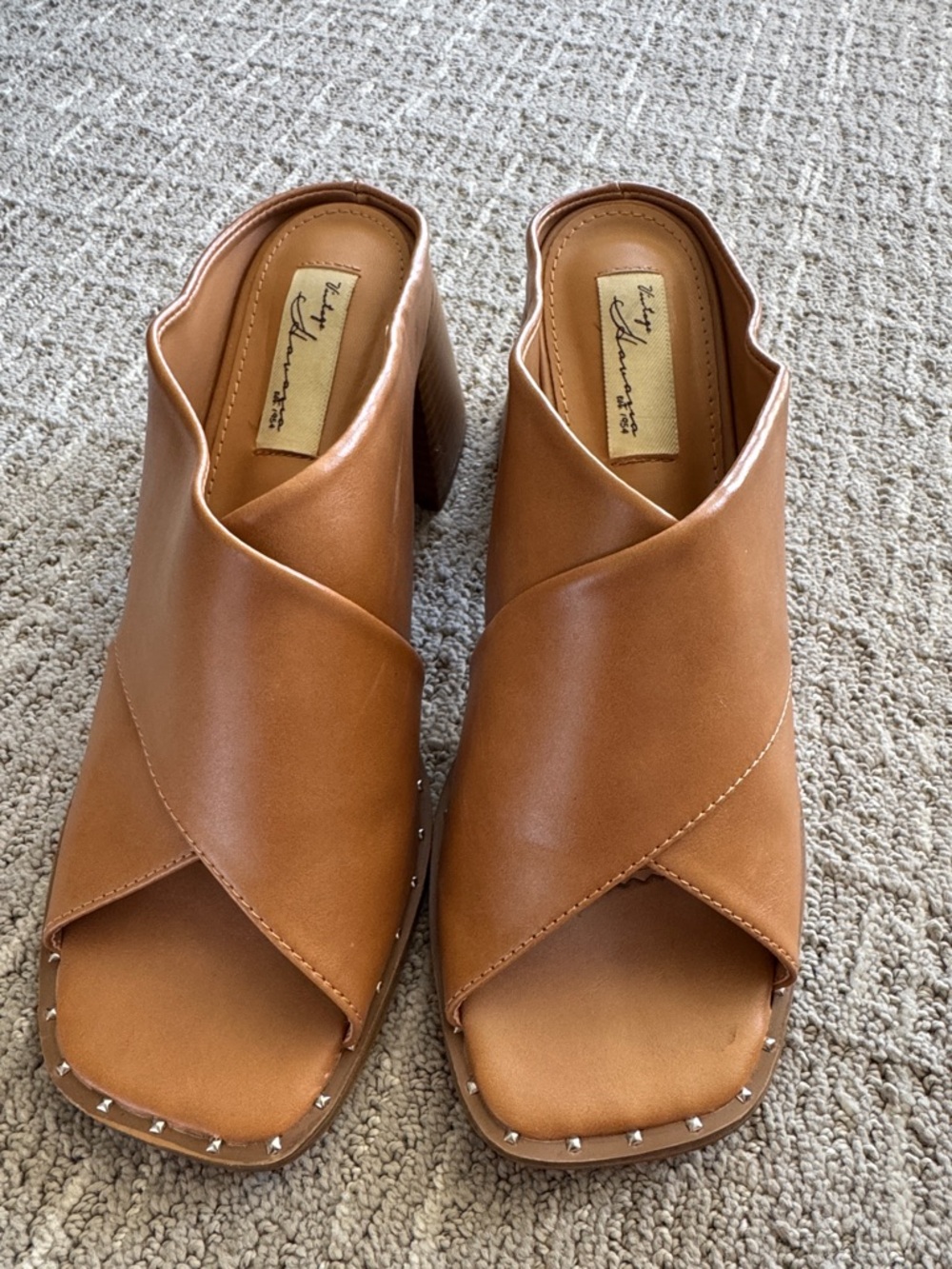 Vintage Havana Cognac Crisscross Studded Mule Heels
